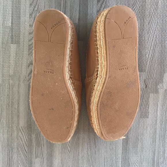 Prada Espadrille Tan /Nude Leather Whipstitch Platform Logo Shoes Size 38 - Picture 3 of 4